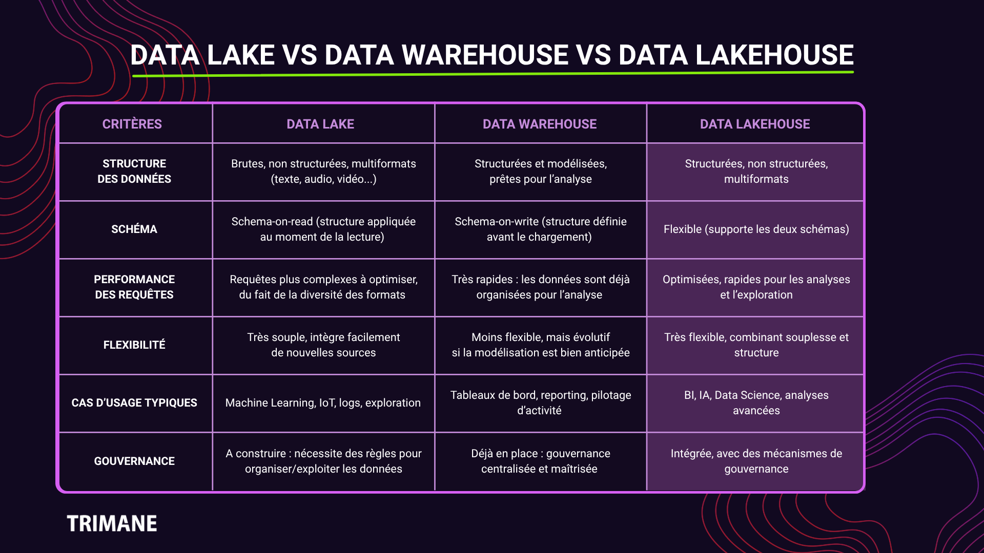 Comparatif visuel entre Data Lake, Data Warehouse et Data Lakehouse selon plusieurs critères : structure des données, schéma, performance, flexibilité, cas d’usage, et gouvernance. Réalisé par TRIMANE.