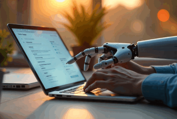 Bras robotisé et main humaine tapant ensemble sur un clavier d’ordinateur, illustrant l’alliance entre TRIMANE et Reflex Generator pour valoriser les compétences grâce à l’intelligence artificielle.