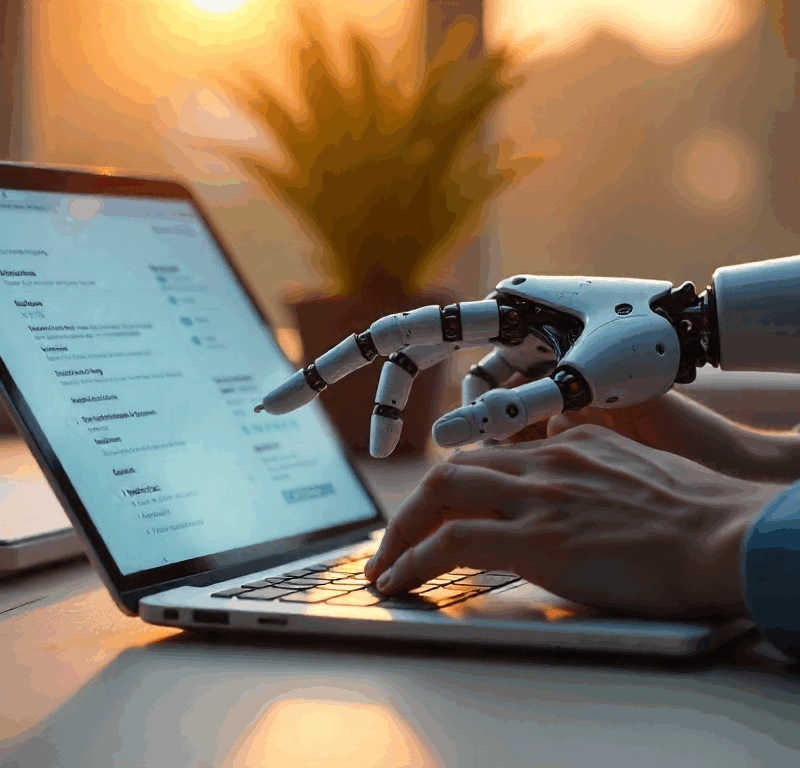 Bras robotisé et main humaine tapant ensemble sur un clavier d’ordinateur, illustrant l’alliance entre TRIMANE et Reflex Generator pour valoriser les compétences grâce à l’intelligence artificielle.