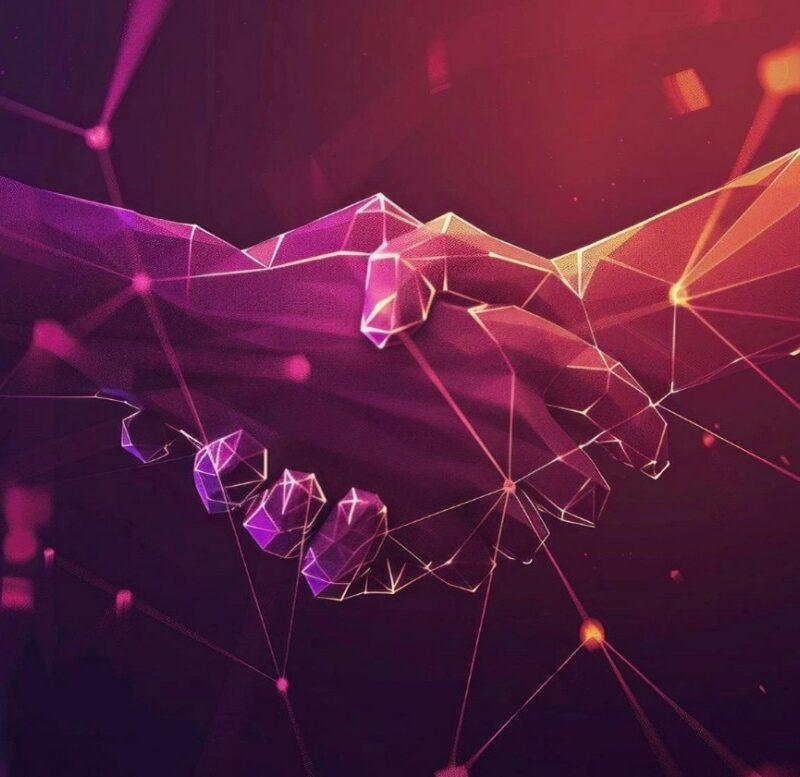 Poignée de main numérique illustrant le partenariat entre TRIMANE et Mage AI dans la Data et l'IA